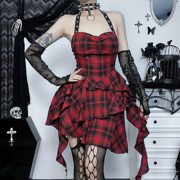Red Plaid Irregular Halter Dress Women - Image 2