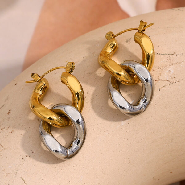 18K Gold Two-color Chain Stud Earrings For Women - Image 4