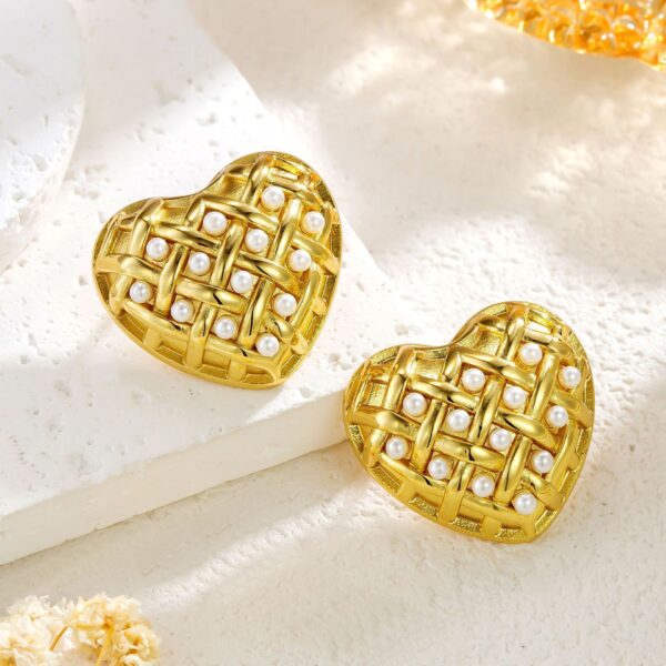 Woven Heart-shaped Pearl Stainless Steel Earrings - Image 3