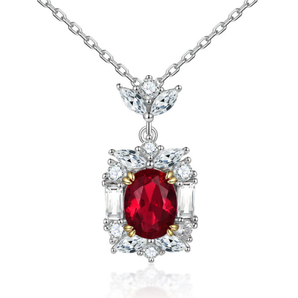 Egg-shaped Ruby Round Zircon Pendant Sterling Silver Necklace - Image 5