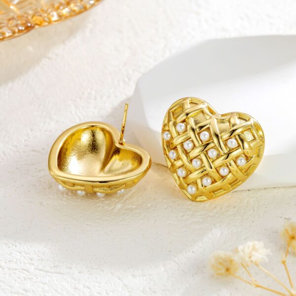 Woven Heart-shaped Pearl Stainless Steel Earrings - Image 4