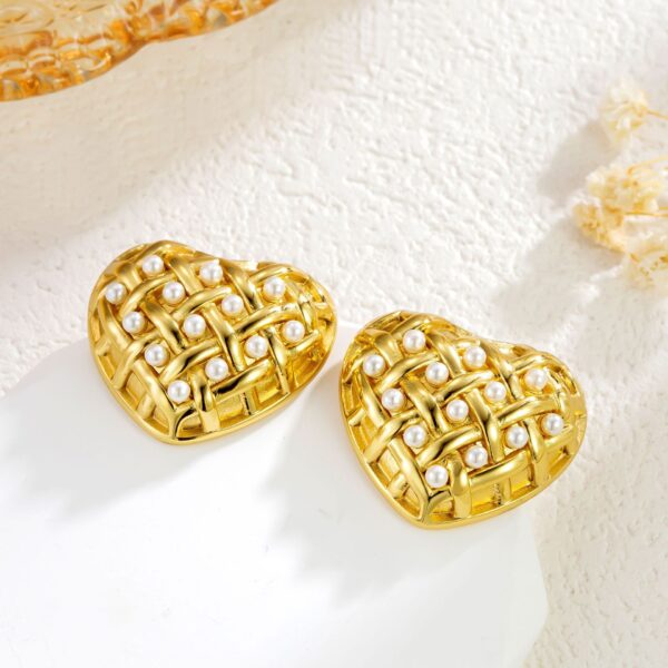 Woven Heart-shaped Pearl Stainless Steel Earrings - Image 5