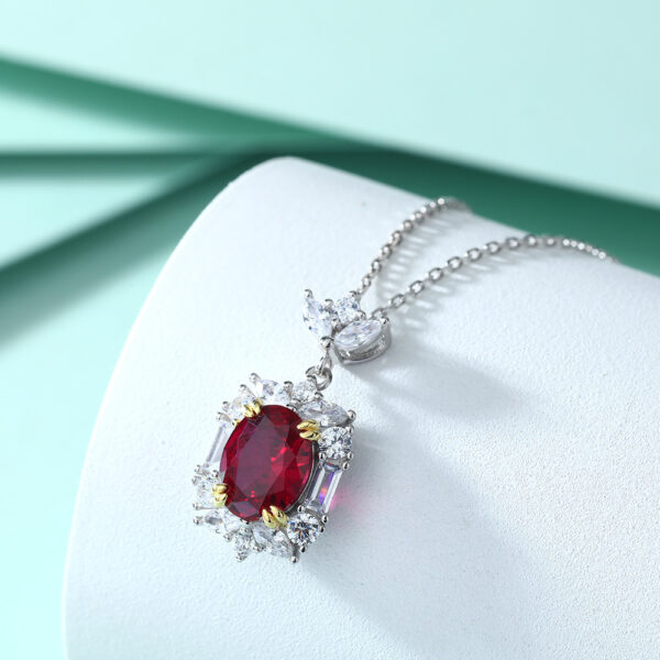 Egg-shaped Ruby Round Zircon Pendant Sterling Silver Necklace - Image 2