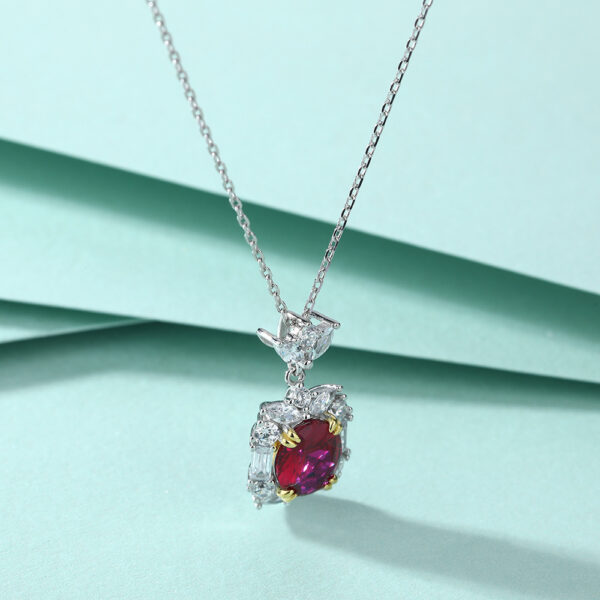 Egg-shaped Ruby Round Zircon Pendant Sterling Silver Necklace - Image 4